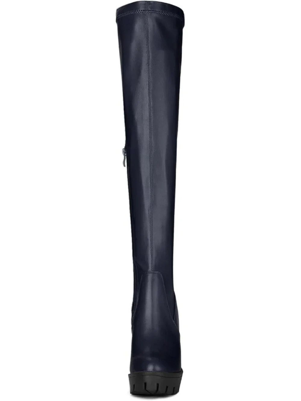 Women's Navy Blue Round Toe Faux Leather Chunky Heel Over The Knee High Boots